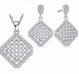  Vierkant hol patroon met volledig Cz helder kristal 925 sterling zilveren sieradenset dames 