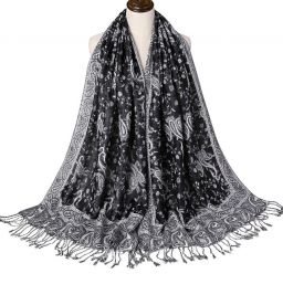  Pashmina zijden sjaal omslag  bloemen omkeerbare kwasten voor dames -Zwart