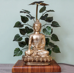 Hars Boeddhabeeld zittend onder metalen boom met LED voor woondecoratie